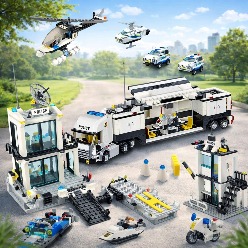 Mego BAUSTEINE – Polizei Einsatzstation mit Fahrzeugen 🚨