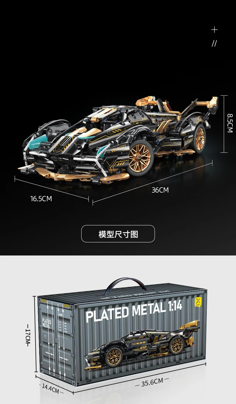 Mego TECH – Schwarzer V12 Roadster (1440 Teile 🔩)