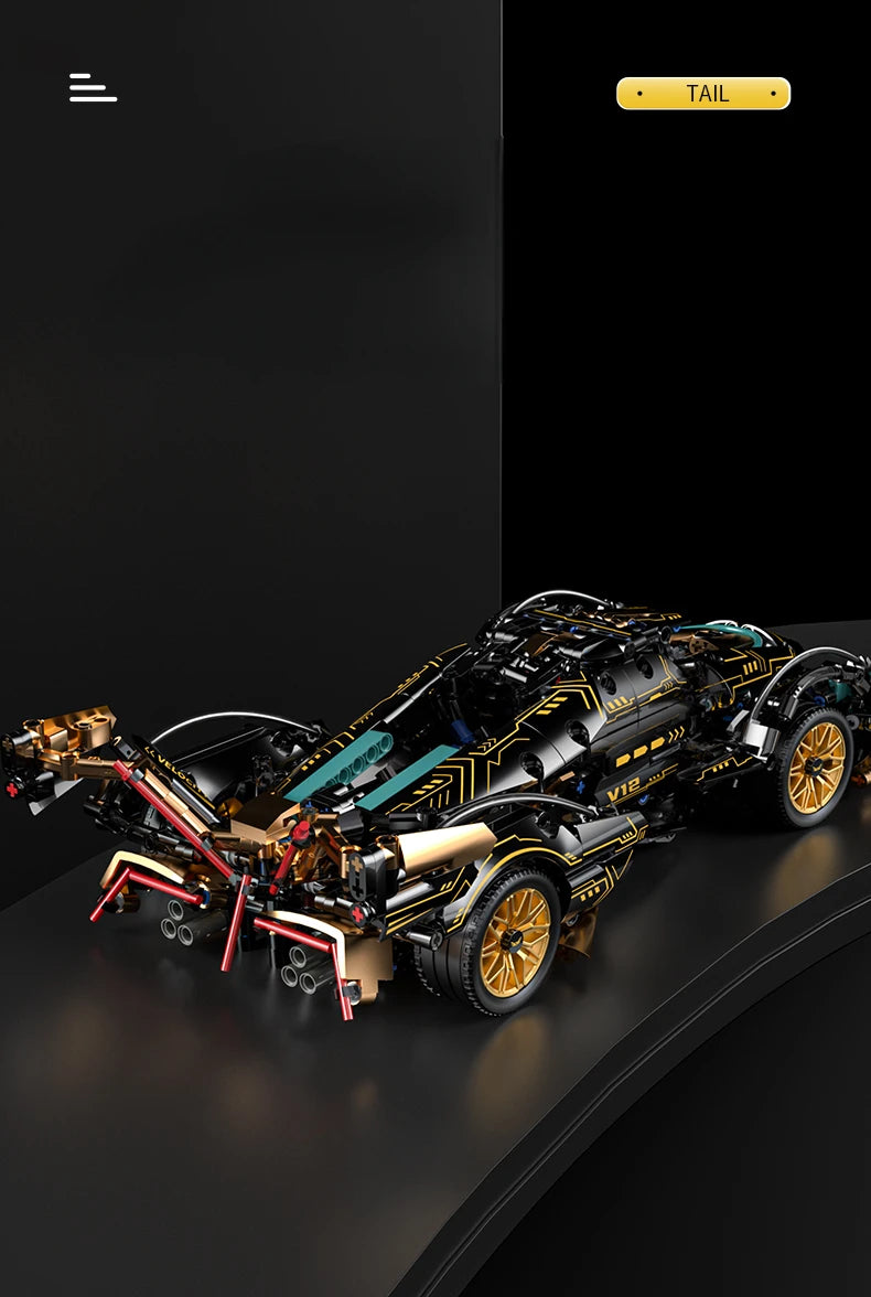 Mego TECH – Schwarzer V12 Roadster (1440 Teile 🔩)