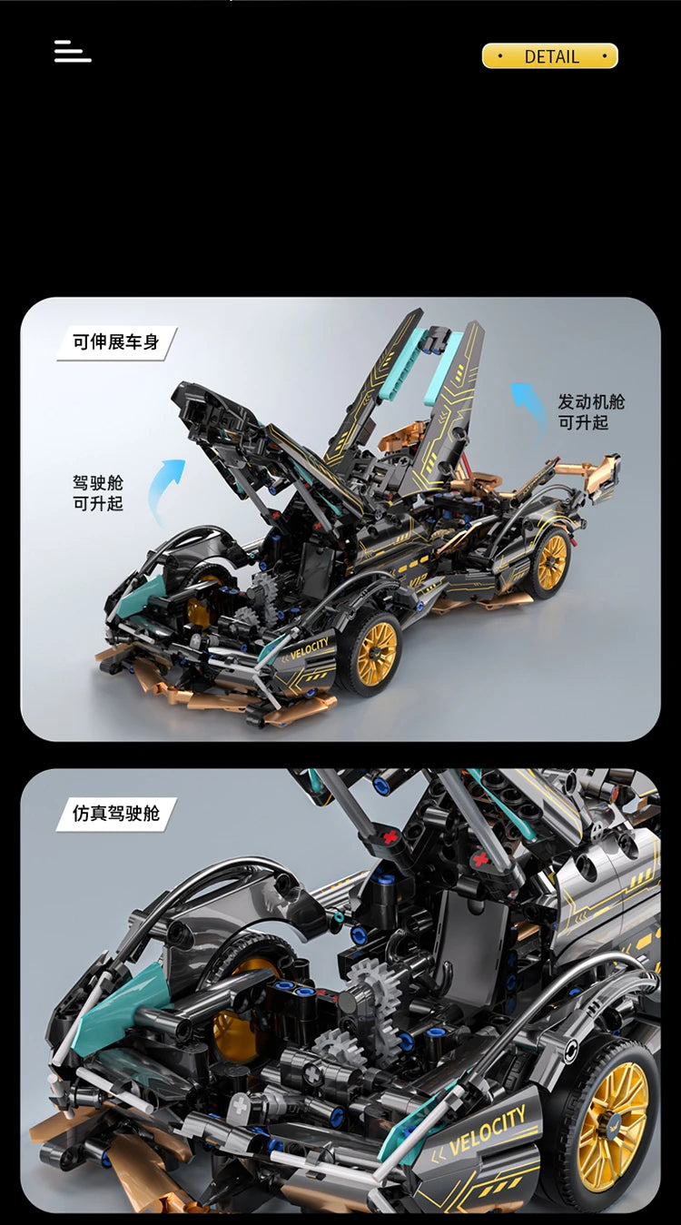 Mego TECH – Schwarzer V12 Roadster (1440 Teile 🔩)